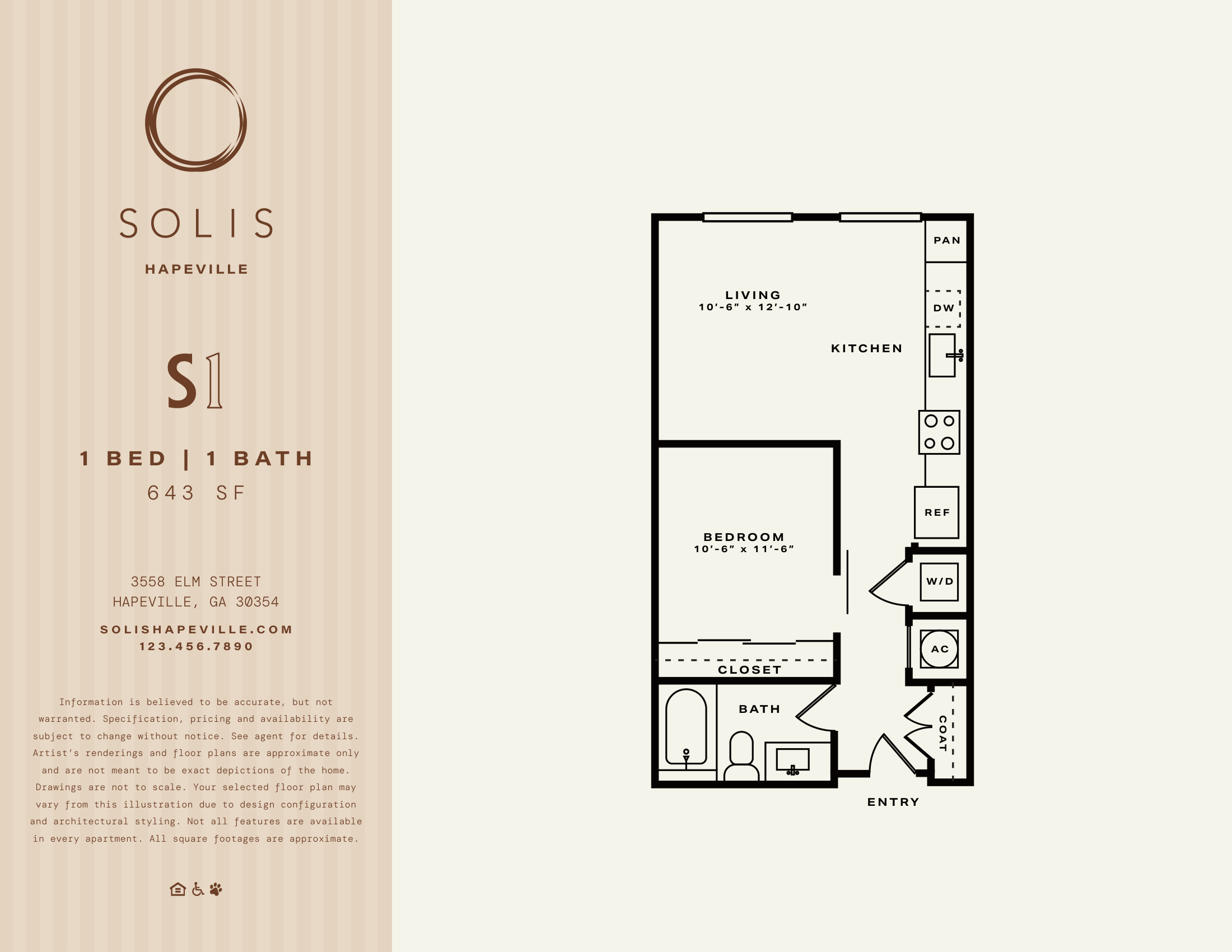 A floor plan for a one bedroom, one bath apartment at Solis Hapeville.