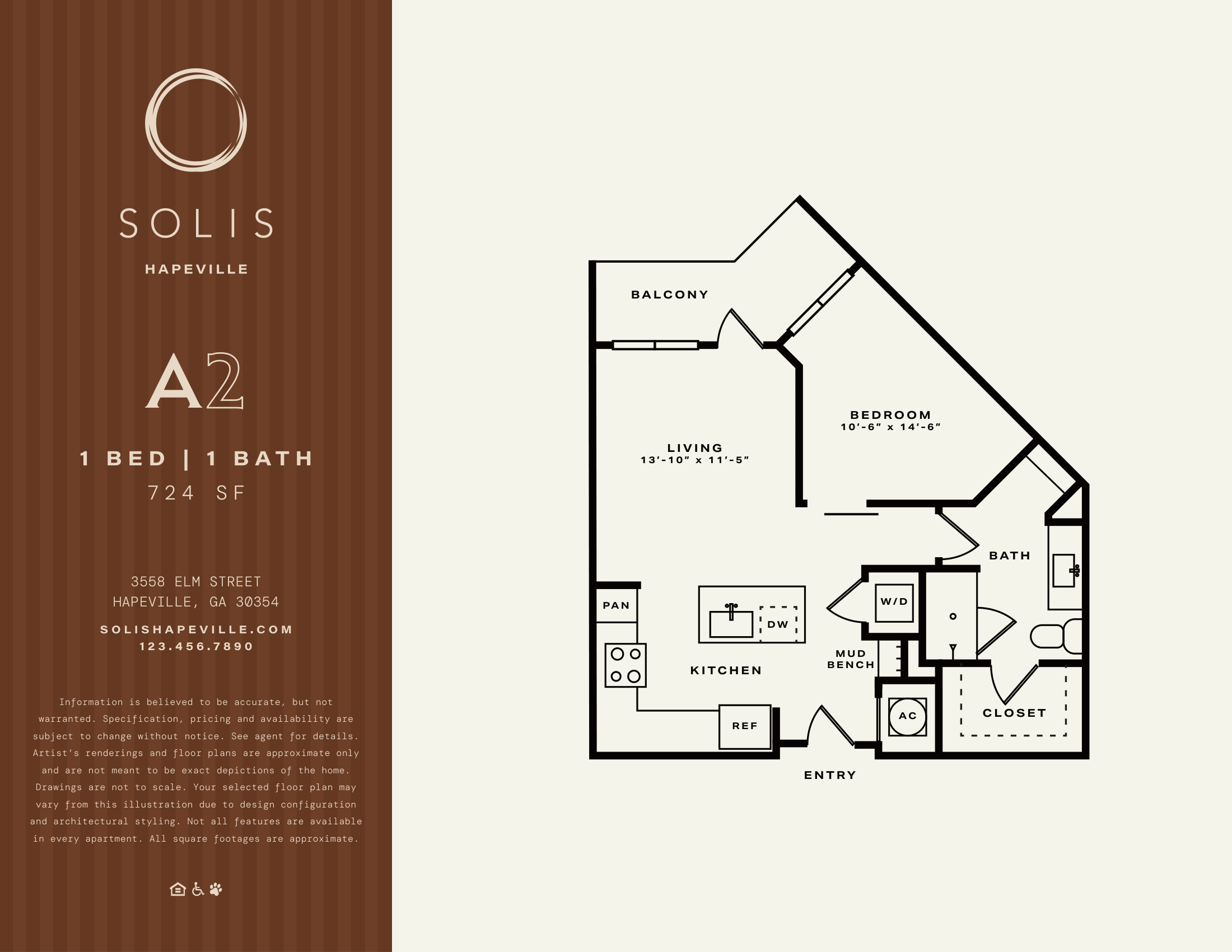 A floor plan for a one bedroom apartment in Solis.