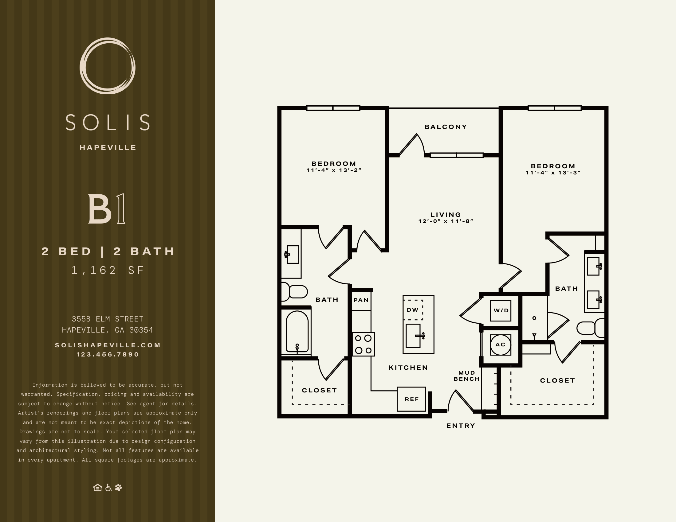 A floor plan for a two bedroom, two bath apartment at Solis in Hapeville.