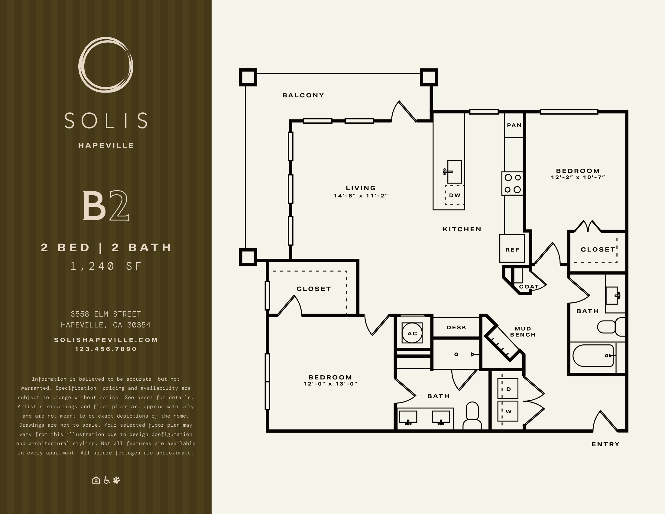 A floor plan for a two bedroom, two bathroom apartment.