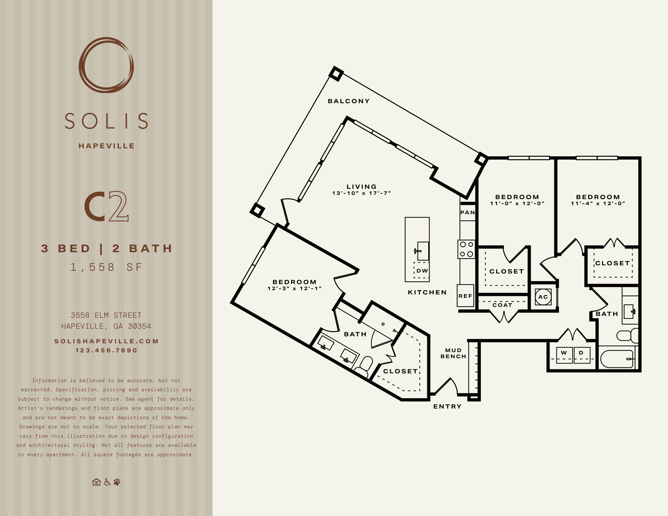 A floor plan for a property at Solis in Hapeville, showing a living room, two bedrooms, a bathroom, a kitchen, and a mud room.