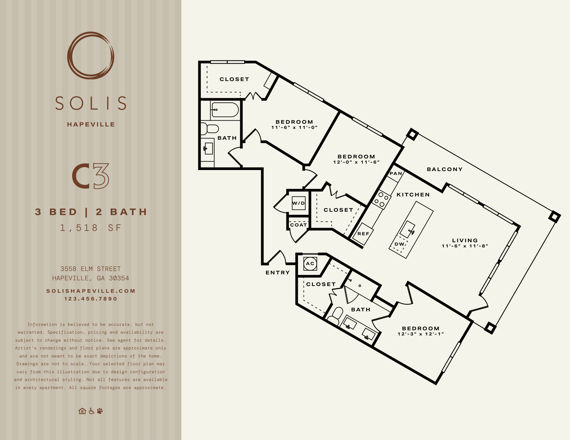 A floor plan for a 3 bedroom, 2 bathroom apartment at Solis Hopeville.