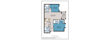 A floor plan of a house with a living room, two bedrooms, a kitchen, a bathroom, a patio, and a storage area.