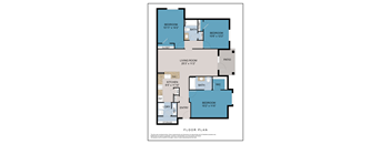 A blue and white floor plan of a house with labeled rooms.