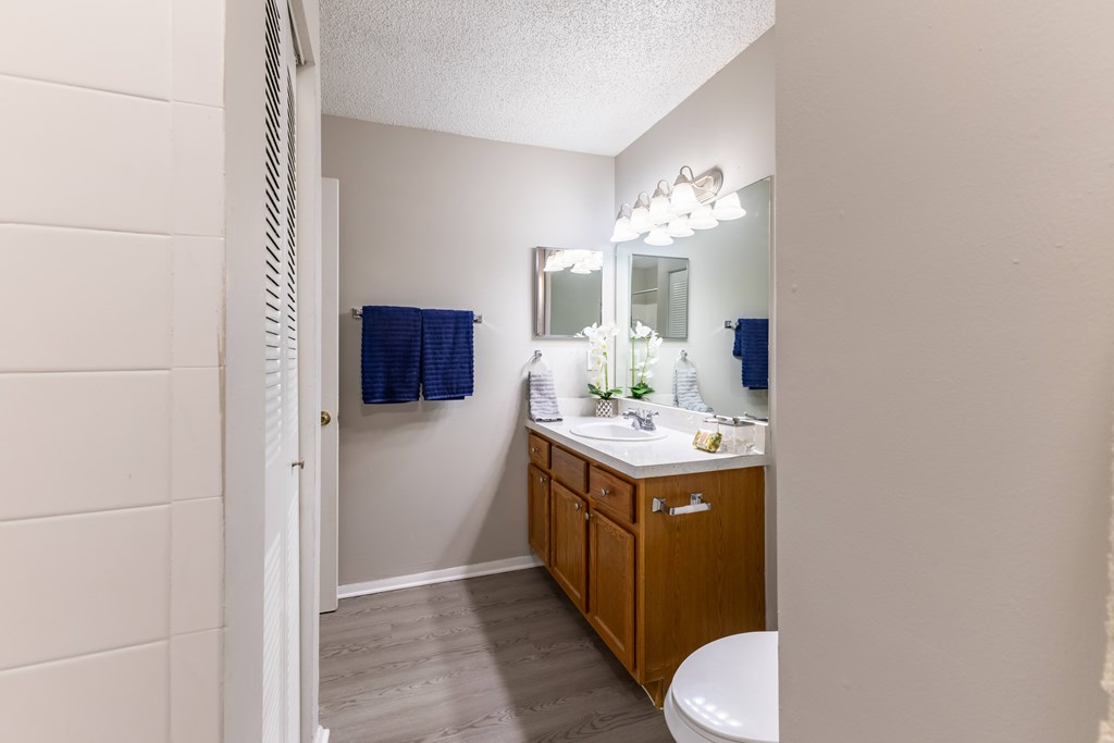 A bathroom with a toilet, sink, and mirror.