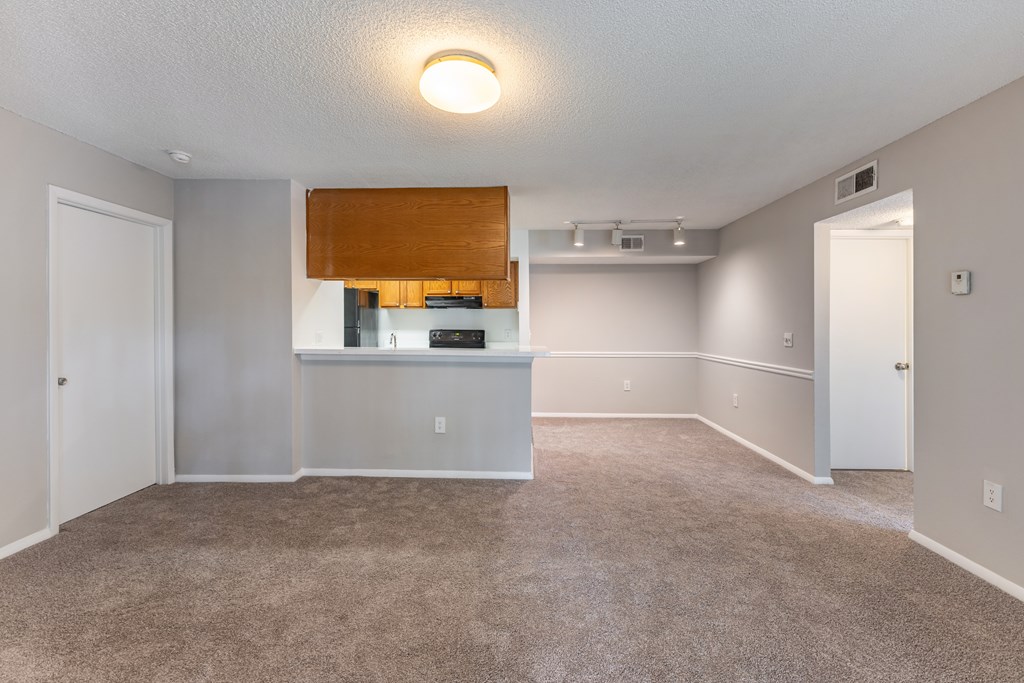 A spacious room with a kitchenette and a carpeted floor.