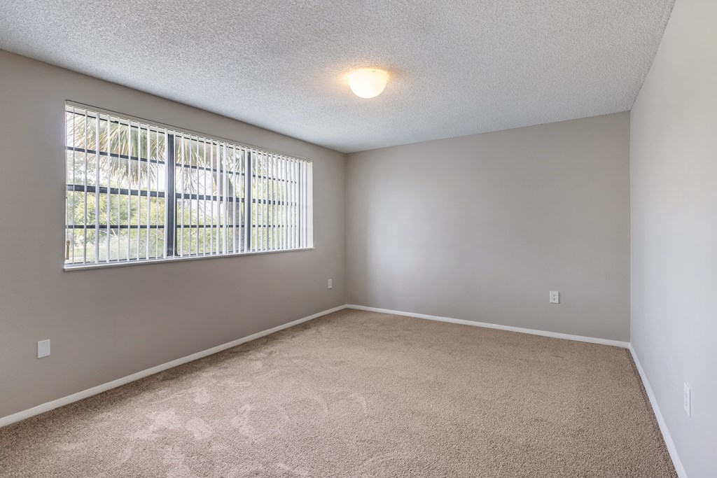 A room with a window and a carpeted floor.