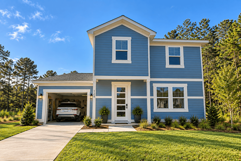 A blue house with a garage door open.
