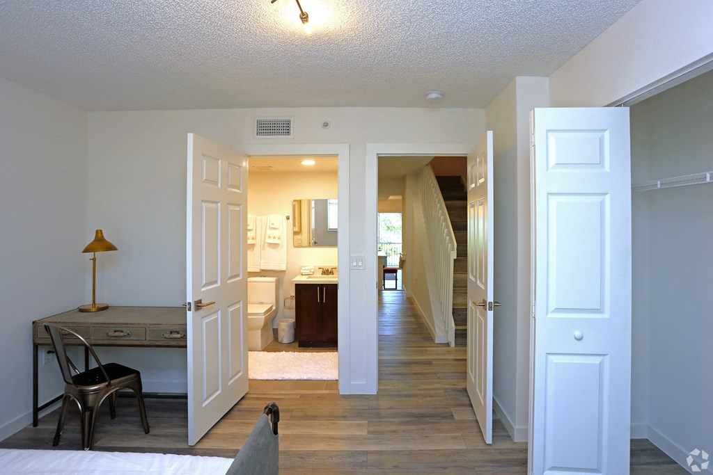 Model Apartment Home Bathroom and Hallway View from Bedroom