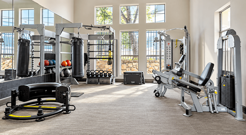 A gym with a variety of equipment including a weight bench, a leg press machine, and a rowing machine.
