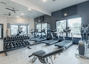 A gym with treadmills, weights, and exercise equipment.
