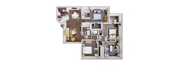 A 3D floor plan of a house with a kitchen, living room, and two bedrooms.
