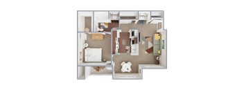 A dollhouse floor plan with a living room, kitchen, and bedroom.