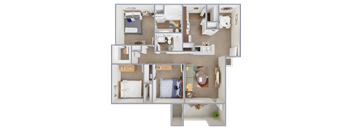 A 3D floor plan of a small apartment with a kitchen, living room, and bedroom.