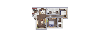 A dollhouse floor plan with furniture and appliances.