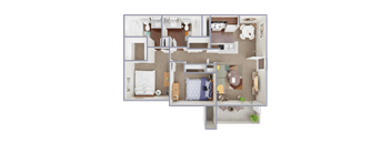 A 3D floor plan of a small apartment with a bedroom, living room, and kitchen.