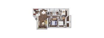 A 3D floor plan of a house with a kitchen, living room, and bedrooms.