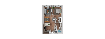 A top-down view of a small apartment with a kitchen, living room, and bathroom.