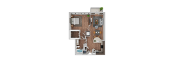 A top-down view of a small apartment with a kitchen, living room, and bathroom.
