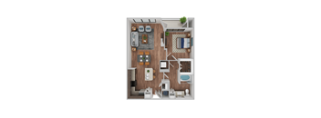 A top-down view of a small apartment with a kitchen, living room, and bathroom.