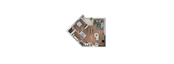 A top-down view of a small apartment with a kitchen, living room, and bathroom.