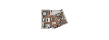 A top-down view of a small apartment layout with a kitchen, living room, and bathroom.