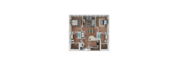 A top-down view of a well-organized apartment with a kitchen, living room, and bathroom.