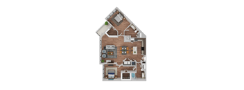 A top-down view of a house layout with a kitchen, living room, and bathrooms.