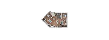 A top-down view of a house layout with a kitchen, living room, dining area, and bathrooms.