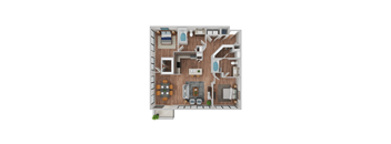 A top-down view of a house layout with a kitchen, living room, dining area, and bathrooms.
