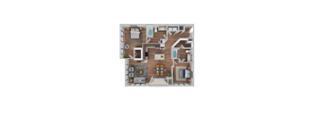 A 3D floor plan of a house with a kitchen, living room, dining room, and bedrooms.
