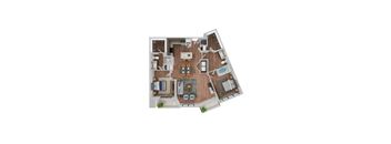 A top-down view of a house layout with a kitchen, living room, dining area, and bathrooms.