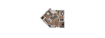 A top-down view of a house layout with a living room, kitchen, and two bedrooms.