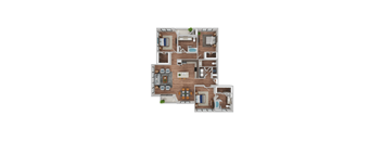 A 3D rendered image of a house layout.