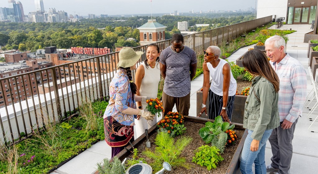 A group of people are standing on a balcony with a garden in the foreground.