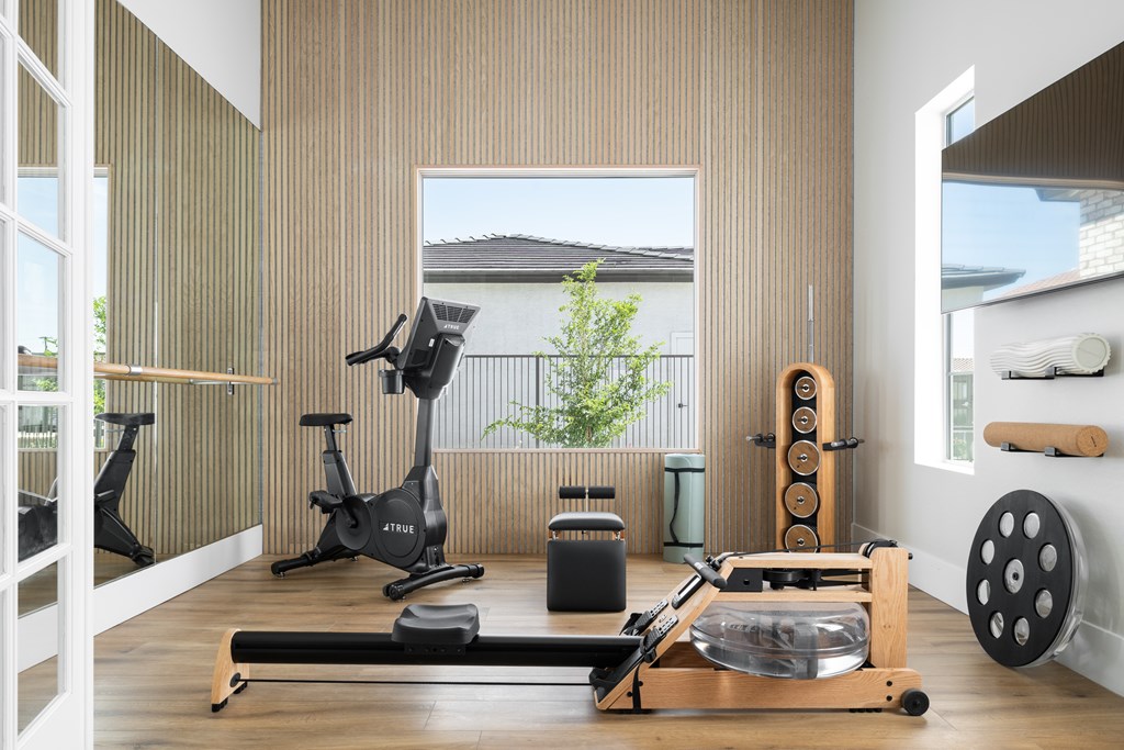 A home gym with a rowing machine, treadmill, and weights.