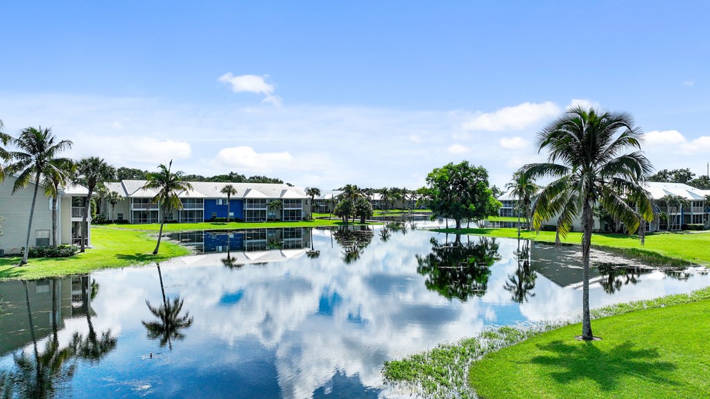 a body of water with palm trees in front of a building