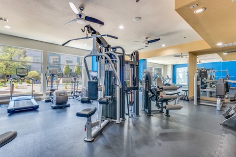 A spacious gym with a variety of equipment including treadmills, weight machines, and a ceiling fan.