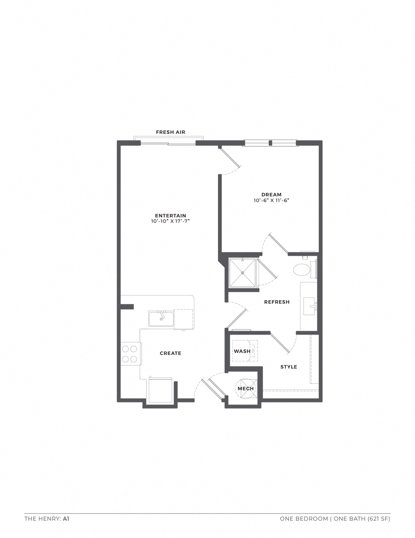 A floor plan of a one bedroom apartment with a bath.