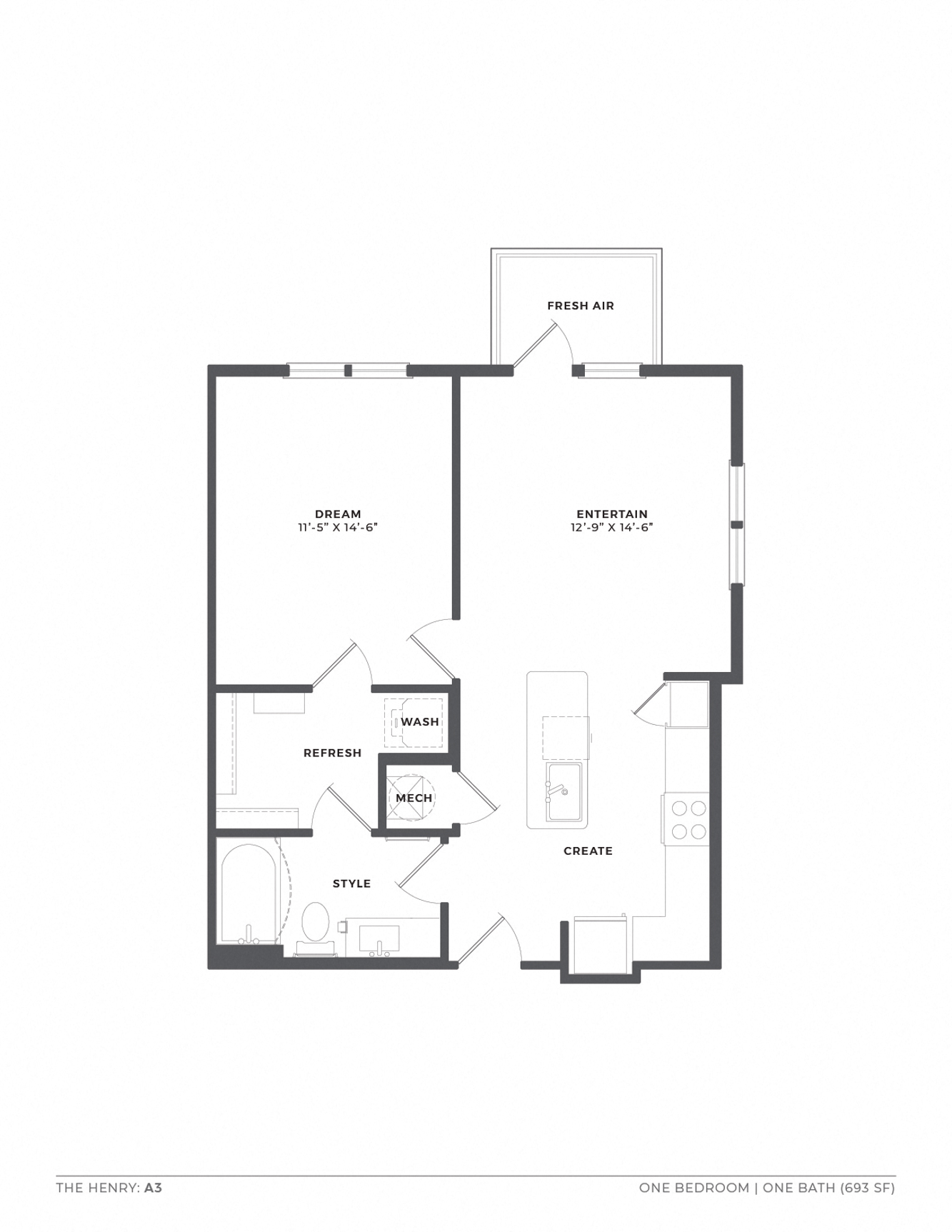 A floor plan of a one bedroom apartment with a bath.