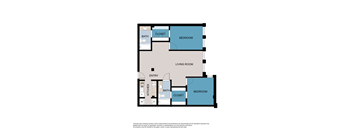 A floor plan of a living space with a kitchen, two bathrooms, and two bedrooms.