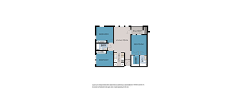 A floor plan of a living space with two bedrooms, a bath, a kitchen, and a balcony.