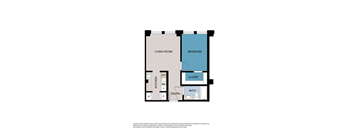 A floor plan of a small apartment with a living room, bedroom, kitchen, and bathroom.