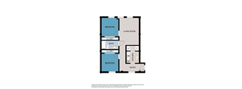 A floor plan of a house with a living room, two bedrooms, a bathroom, a kitchen, and an entry.