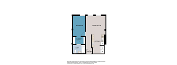 A floor plan of a room with a bedroom, living room, kitchen, bathroom, and entry.
