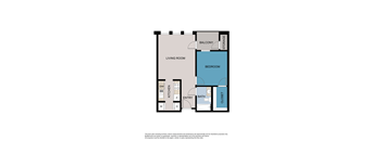 A floor plan of a house with a living room, kitchen, bathroom, and bedroom.