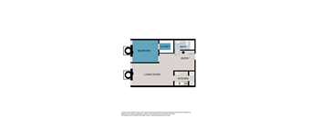 A floor plan of a room with a bed, bath, and kitchen.