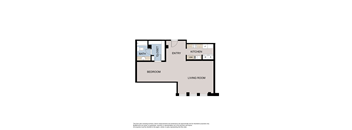 A floor plan of a room with a bedroom, bathroom, kitchen, living room and entry.
