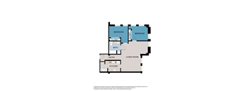 A floor plan of a house with two bedrooms, a living room, a kitchen, and a bathroom.