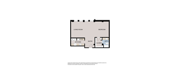 A floor plan of a small apartment with a living room, kitchen, entry, bath, and bedroom.